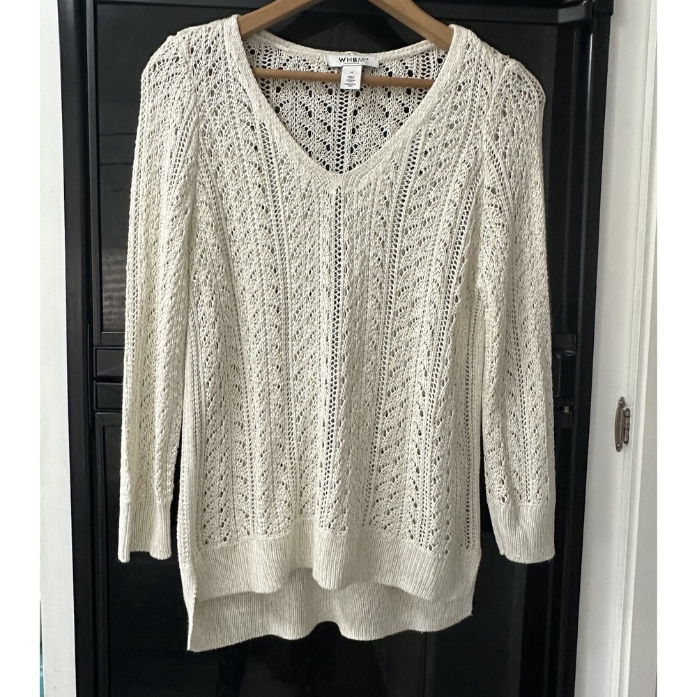 WHBM Open Knit Sweater Size M Cream Sparkle Metallic Top Cottagecore Cozy‎